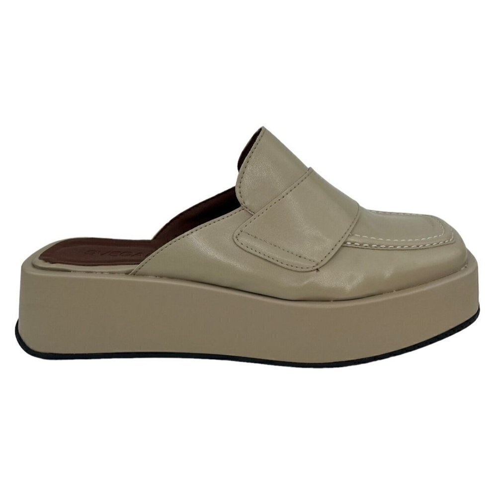 SVEGAN Women Vegan Leather Backless Mule Platform Loafer Size 38 US 7-7.5 Beige